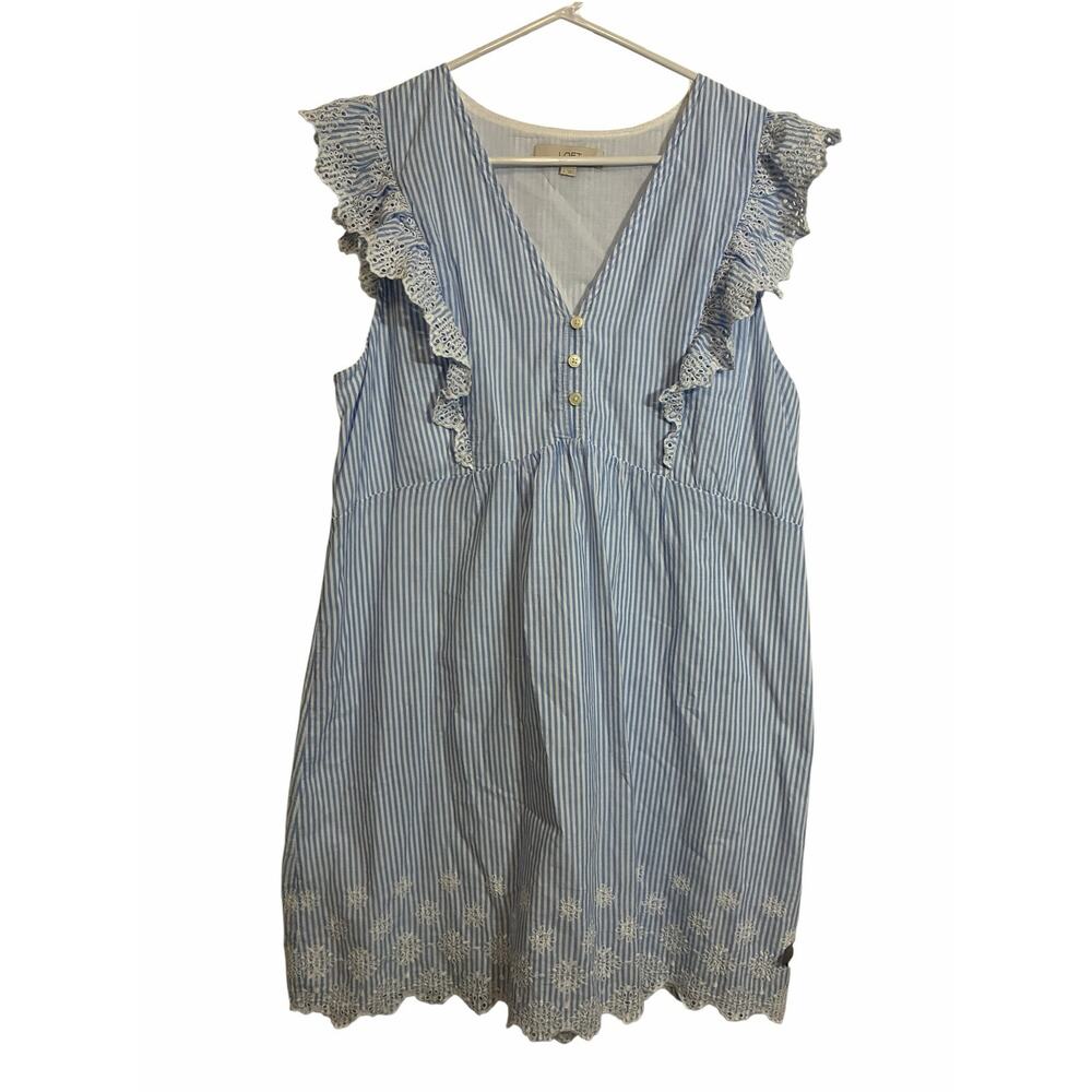 LOFT Womens L Blue White Striped Eyelet Dress Ruffle Embroidered Cottagecore